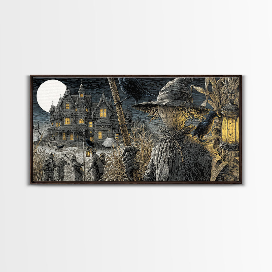 The Scarecrow Uprising, Victorian Macabre Art, Wide Panoramic Art, Macabre Wall Art, Framed Canvas Print, Halloween Wall Art