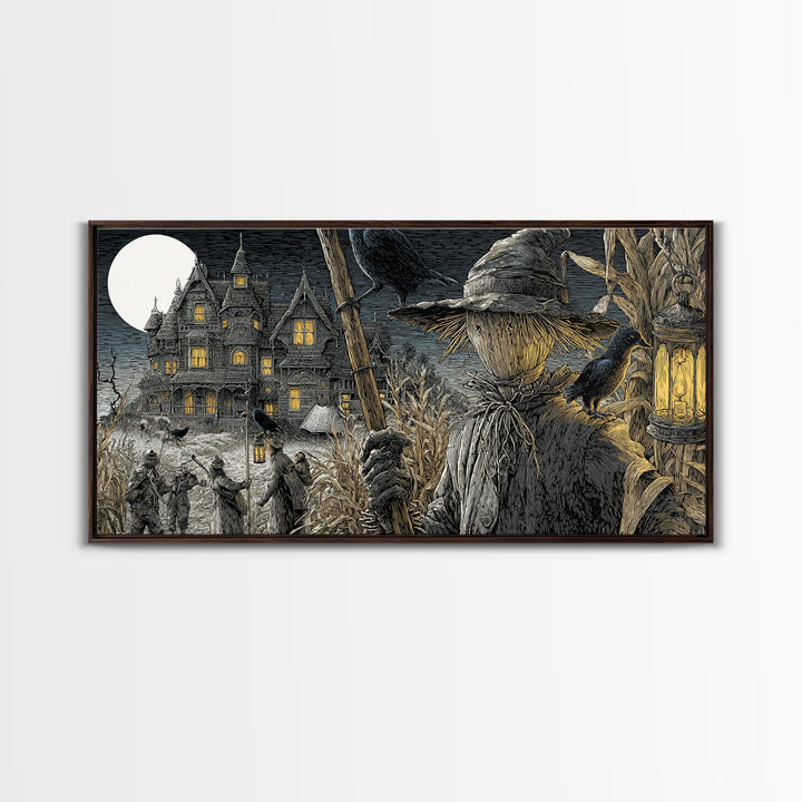 The Scarecrow Uprising, Victorian Macabre Art, Wide Panoramic Art, Macabre Wall Art, Framed Canvas Print, Halloween Wall Art