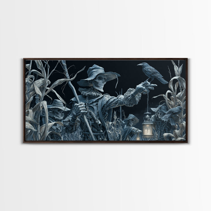 The Scarecrow Uprising, Biomechanical Horror Art, Wide Panoramic Art, Macabre Wall Art, Framed Canvas Print, Halloween Wall Art