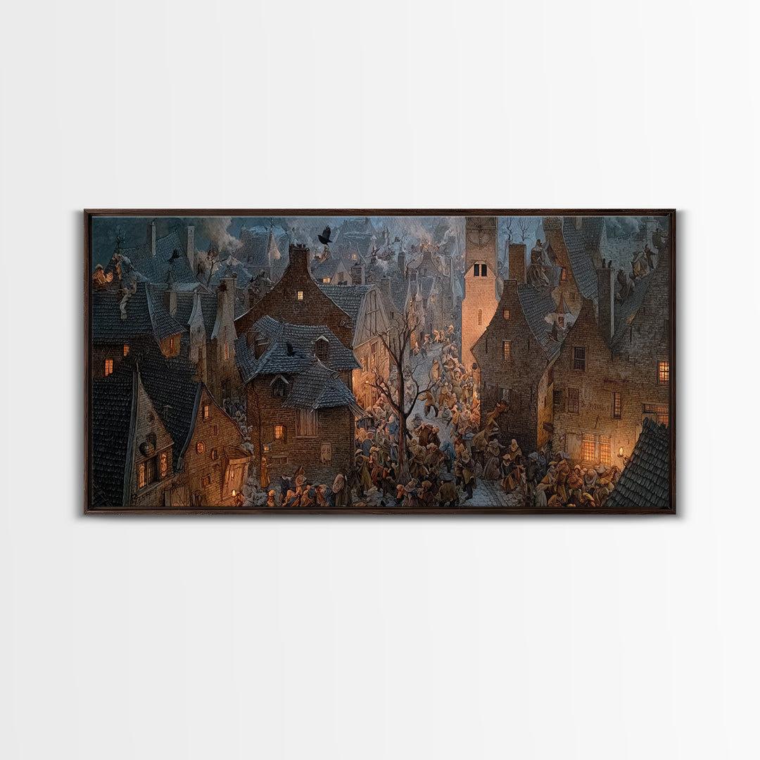 The Thirteenth Bell, Northern Renaissance Horror, Wide Panoramic Art, Dark Halloween Decor, Framed Canvas Print