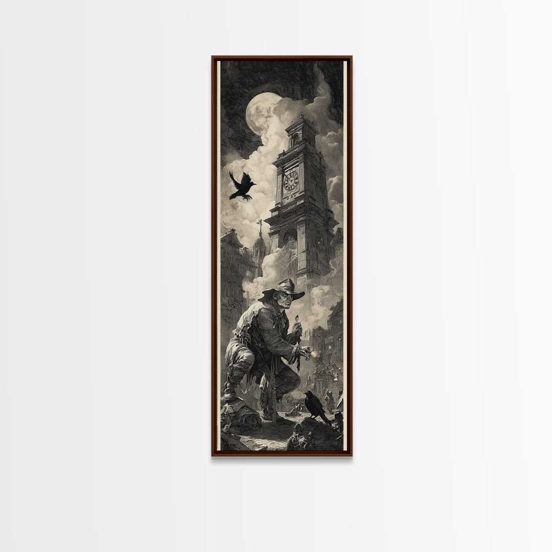 The Thirteenth Bell, Architectural Etching Art, Tall Narrow Wall Art, Gothic Horror Wall Art, Framed Canvas Print