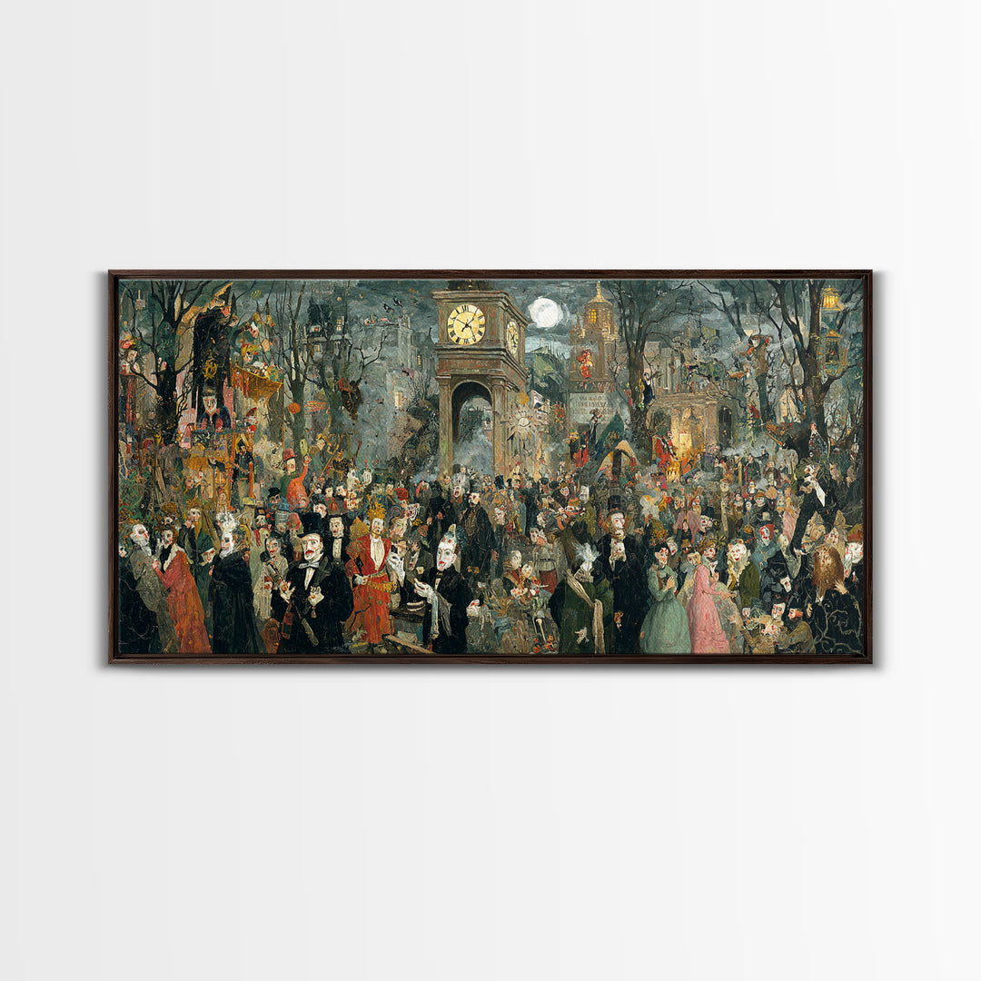 The Thirteenth Bell, Grotesque Carnival Art, Wide Panoramic Art, Dark Fantasy Wall Art, Framed Canvas Print, Halloween Wall Art