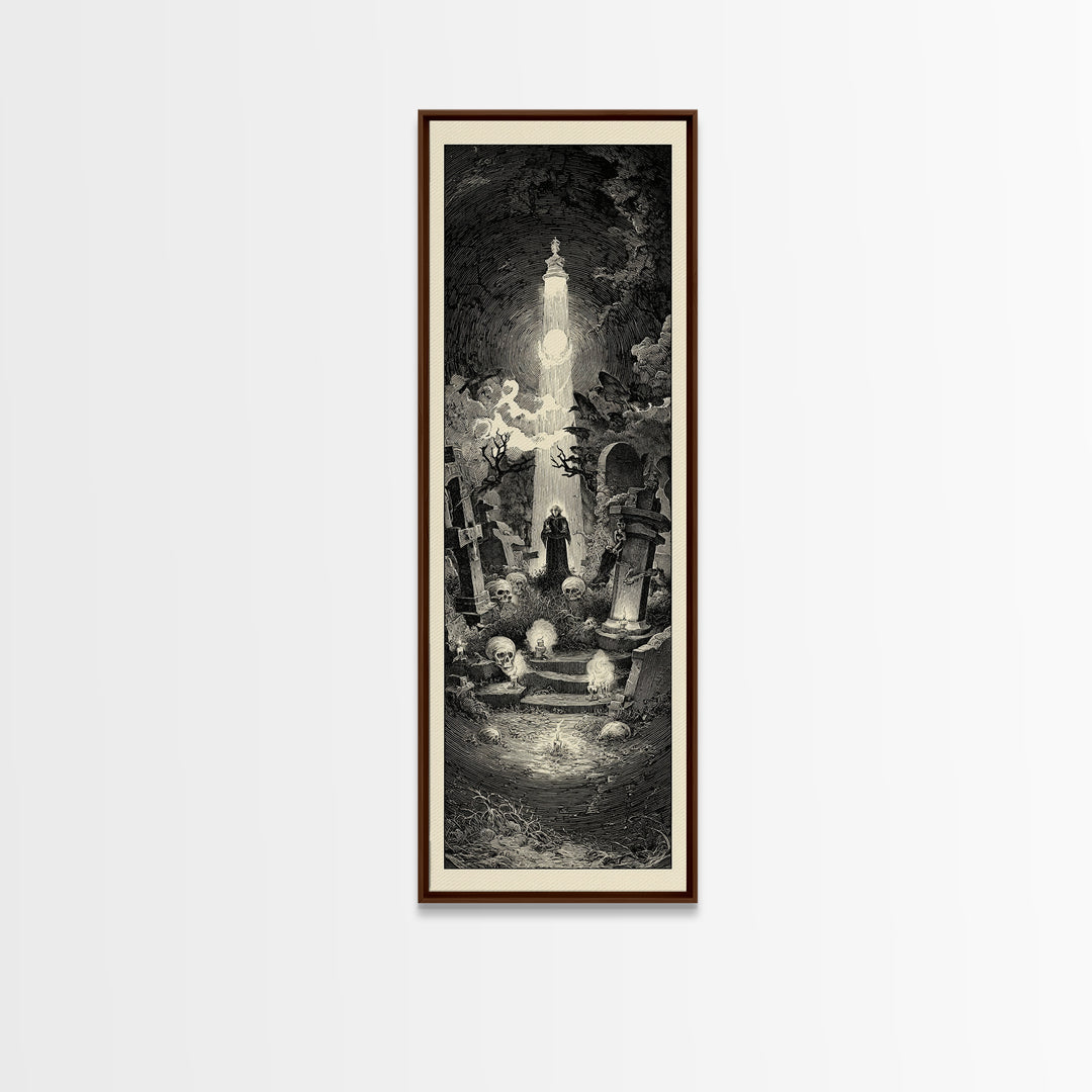 The Cemetery Lantern Festival, Gothic Engraving Art, Tall Narrow Wall Art, Gothic Horror Wall Art, Canvas Print, Halloween Wall Art