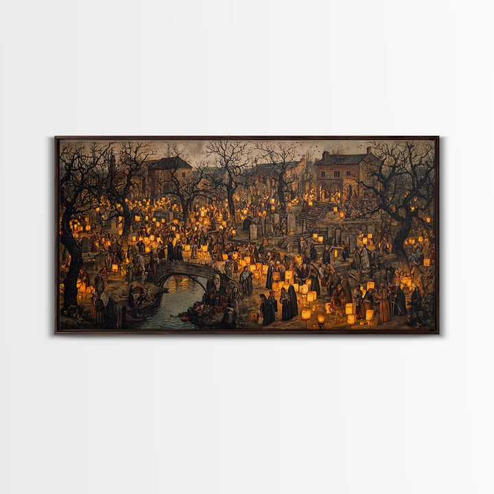 The Cemetery Lantern Festival, Northern Renaissance Horror, Wide Panoramic Art, Dark Halloween Decor, Framed Canvas Print