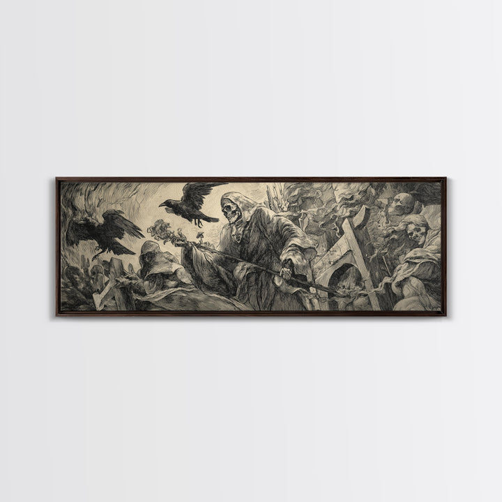 The Cemetery Lantern Festival, Renaissance Engraving Art, Extra Wide Wall Art, Macabre Wall Art, Canvas Print, Halloween Wall Art