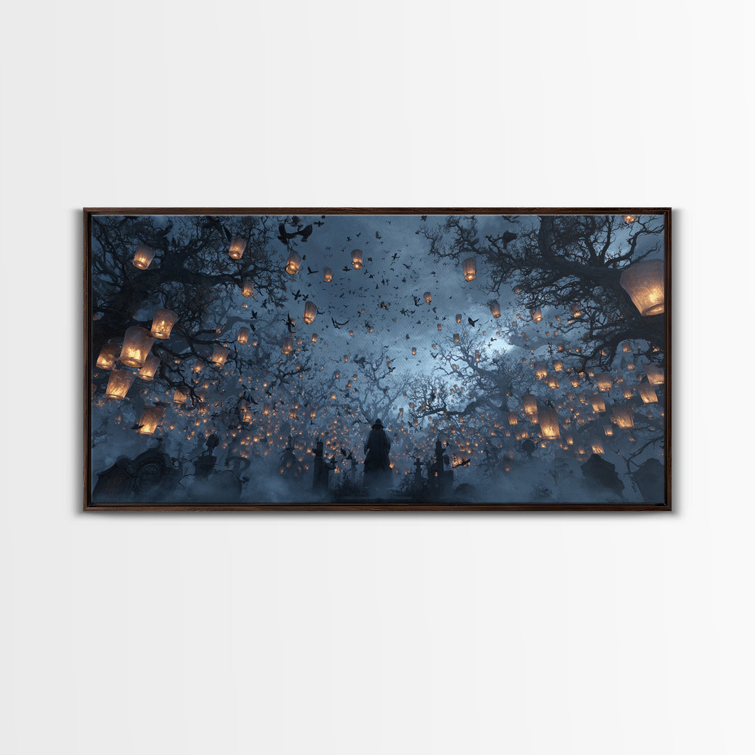 The Cemetery Lantern Festival, Baroque Witchcraft Art, Wide Panoramic Art, Macabre Wall Art, Framed Canvas Print, Halloween Wall Art