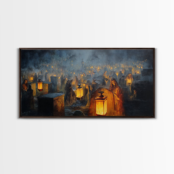 The Cemetery Lantern Festival, Dark Romantic Horror Art, Wide Panoramic Art, Gothic Horror Wall Art, Framed Canvas Print