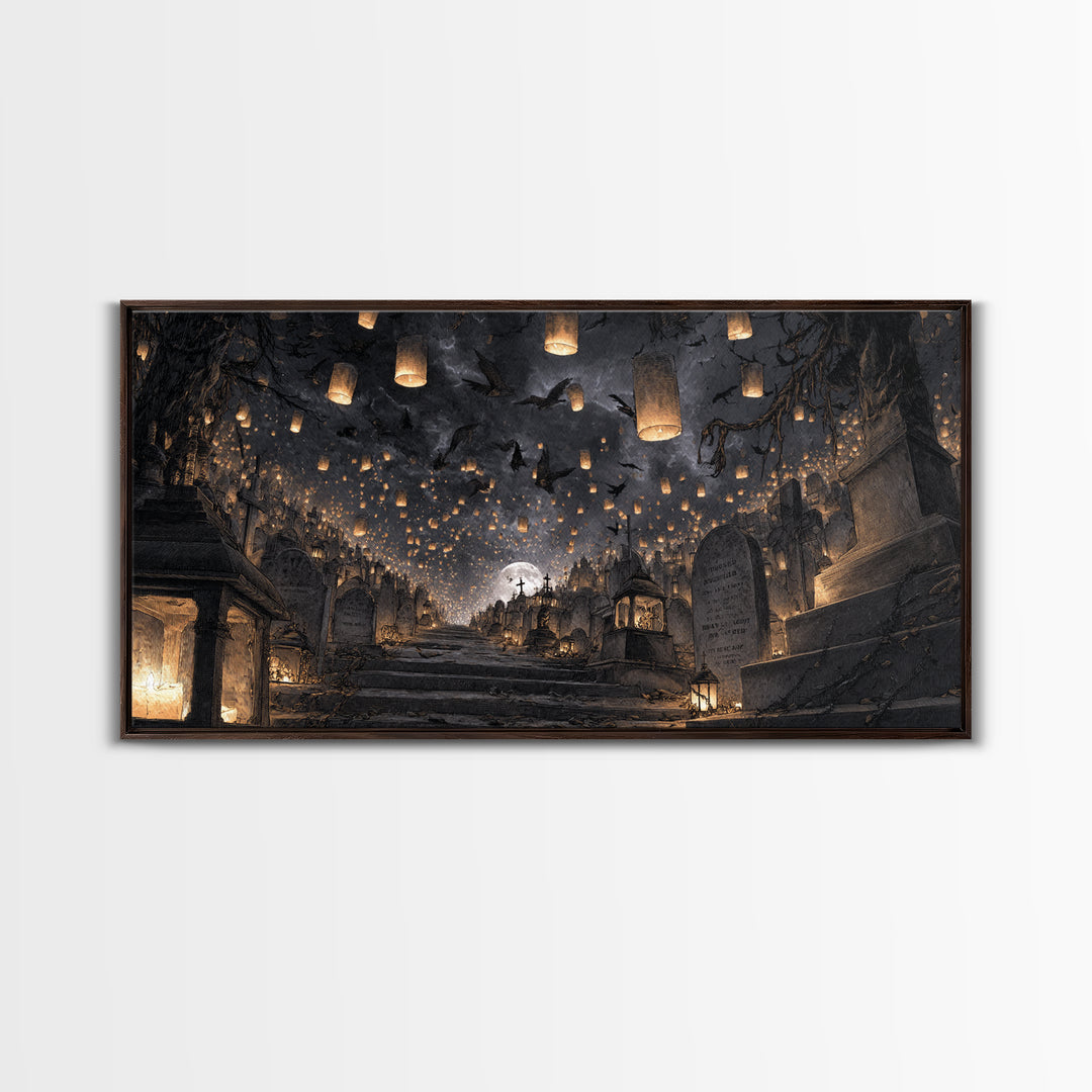 The Cemetery Lantern Festival, Architectural Etching Art, Wide Panoramic Art, Gothic Horror Wall Art, Framed Canvas Print