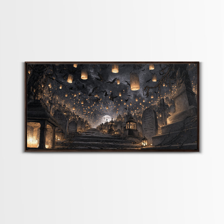 The Cemetery Lantern Festival, Architectural Etching Art, Wide Panoramic Art, Gothic Horror Wall Art, Framed Canvas Print