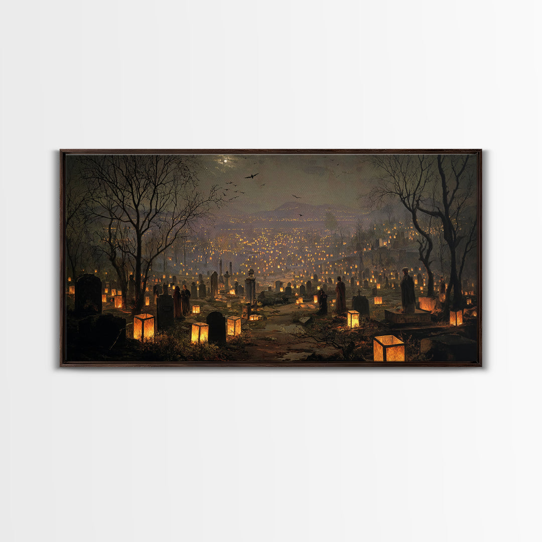 The Cemetery Lantern Festival, Romantic Gothic Landscape, Wide Panoramic Art, Dark Fantasy Wall Art, Framed Canvas Print