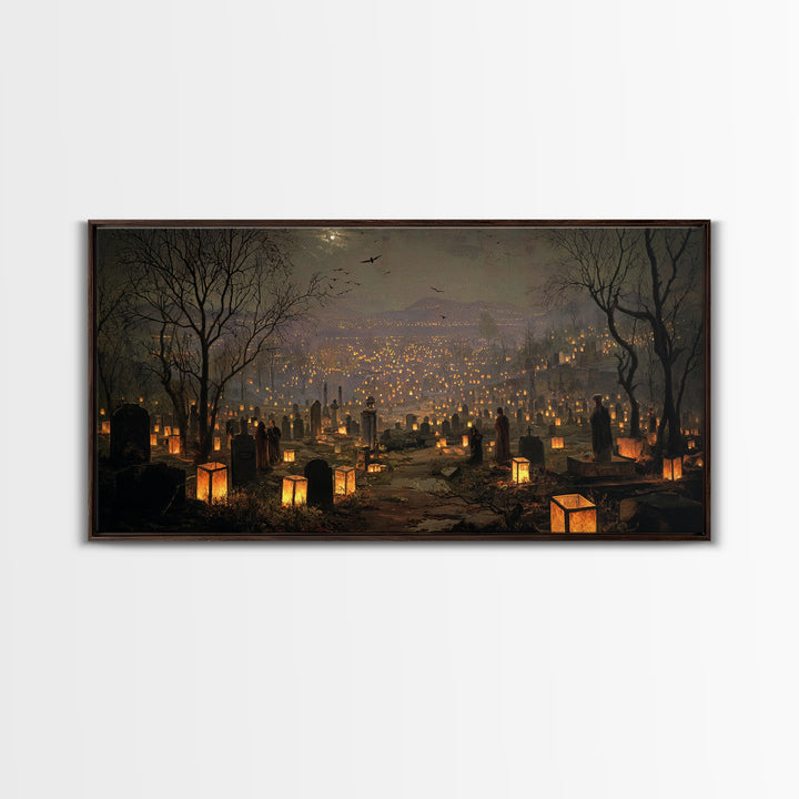 The Cemetery Lantern Festival, Romantic Gothic Landscape, Wide Panoramic Art, Dark Fantasy Wall Art, Framed Canvas Print