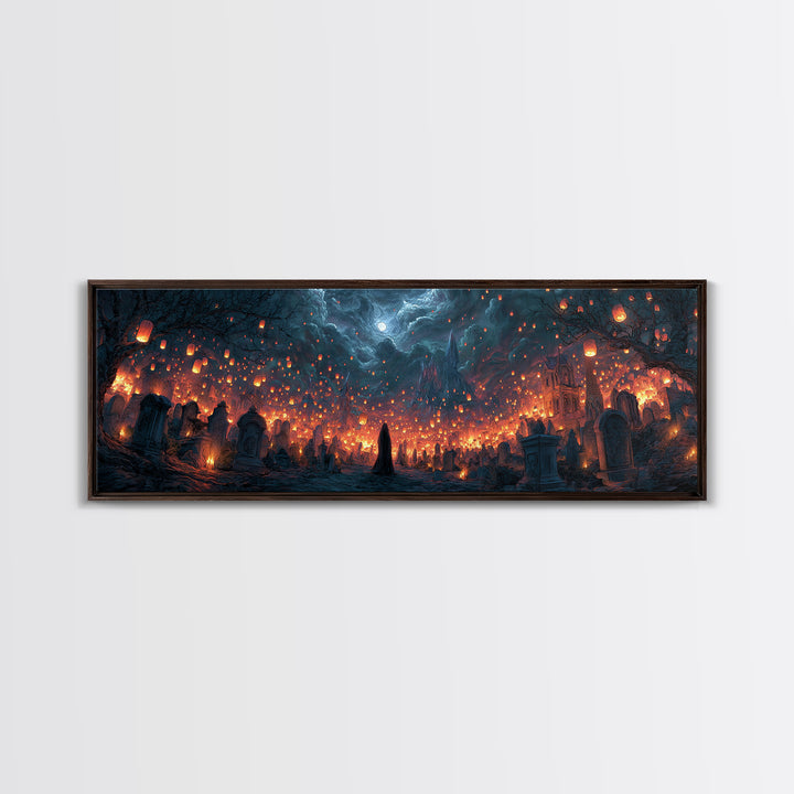 The Cemetery Lantern Festival, Apocalyptic Romantic Art, Extra Wide Wall Art, Dark Fantasy Wall Art, Framed Canvas Print, Halloween Wall Art