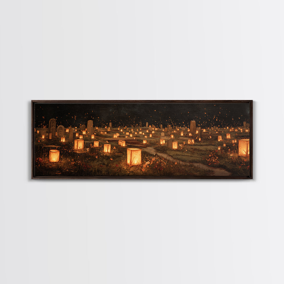 The Cemetery Lantern Festival, Symbolist Dream Art, Extra Wide Wall Art, Dark Fantasy Wall Art, Framed Canvas Print, Halloween Decor