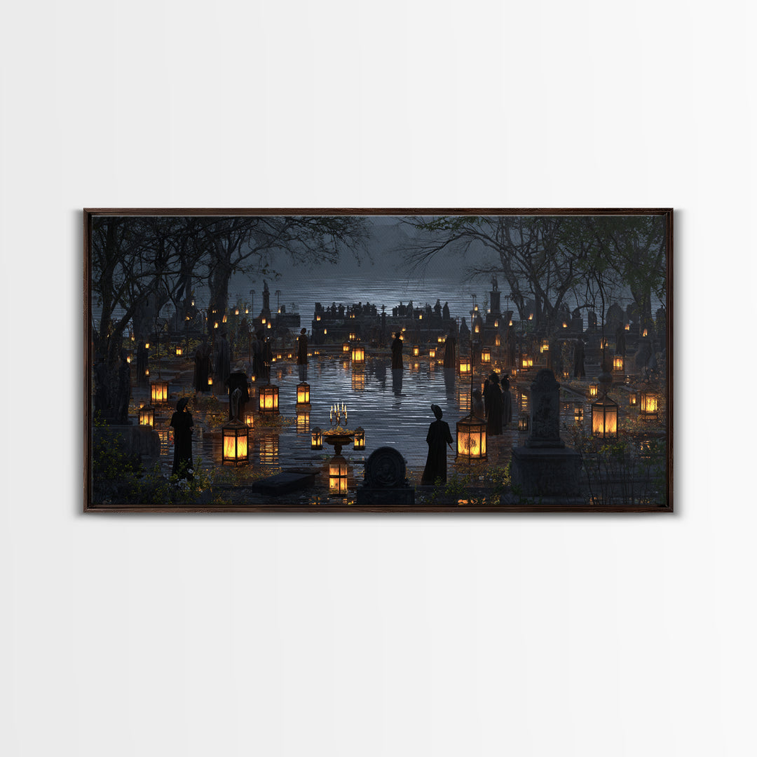 The Cemetery Lantern Festival, Symbolist Gothic Landscape, Wide Panoramic Art, Dark Fantasy Wall Art, Canvas Print, Halloween Wall Art