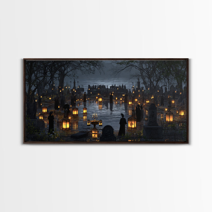 The Cemetery Lantern Festival, Symbolist Gothic Landscape, Wide Panoramic Art, Dark Fantasy Wall Art, Canvas Print, Halloween Wall Art