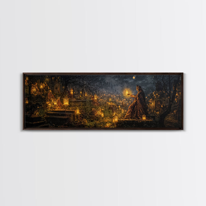 The Cemetery Lantern Festival, Ornate Symbolist Art, Extra Wide Wall Art, Macabre Wall Art, Canvas Print, Halloween Wall Art