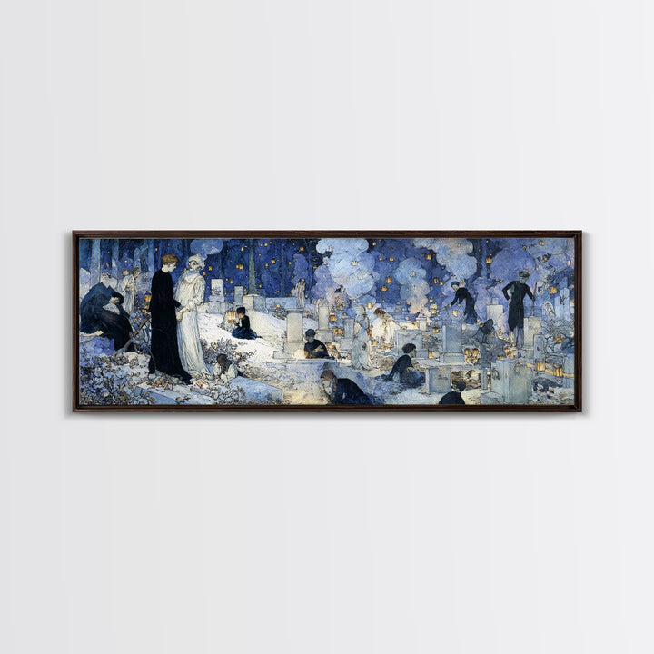 The Cemetery Lantern Festival, Symbolist Death Art, Extra Wide Wall Art, Macabre Wall Art, Framed Canvas Print, Halloween Wall Art