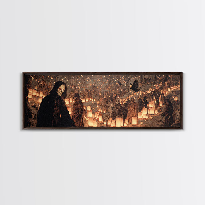 The Cemetery Lantern Festival, Symbolist Etching Art, Extra Wide Wall Art, Macabre Wall Art, Canvas Print, Halloween Wall Art