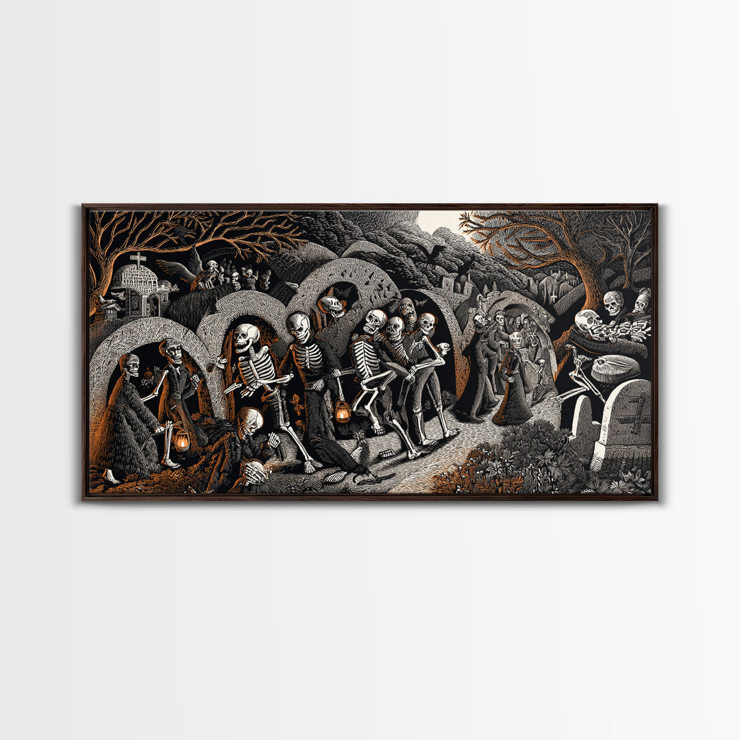 The Cemetery Lantern Festival, Macabre Folk Print Art, Wide Panoramic Art, Dark Halloween Decor, Framed Canvas Print