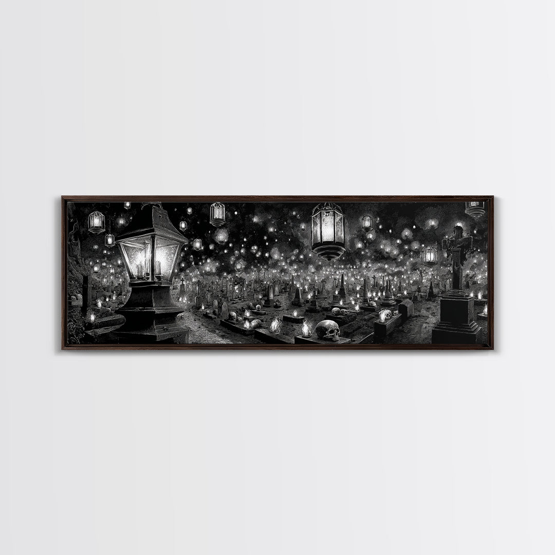 The Cemetery Lantern Festival, Biomechanical Horror Art, Extra Wide Wall Art, Gothic Horror Wall Art, Framed Canvas Print
