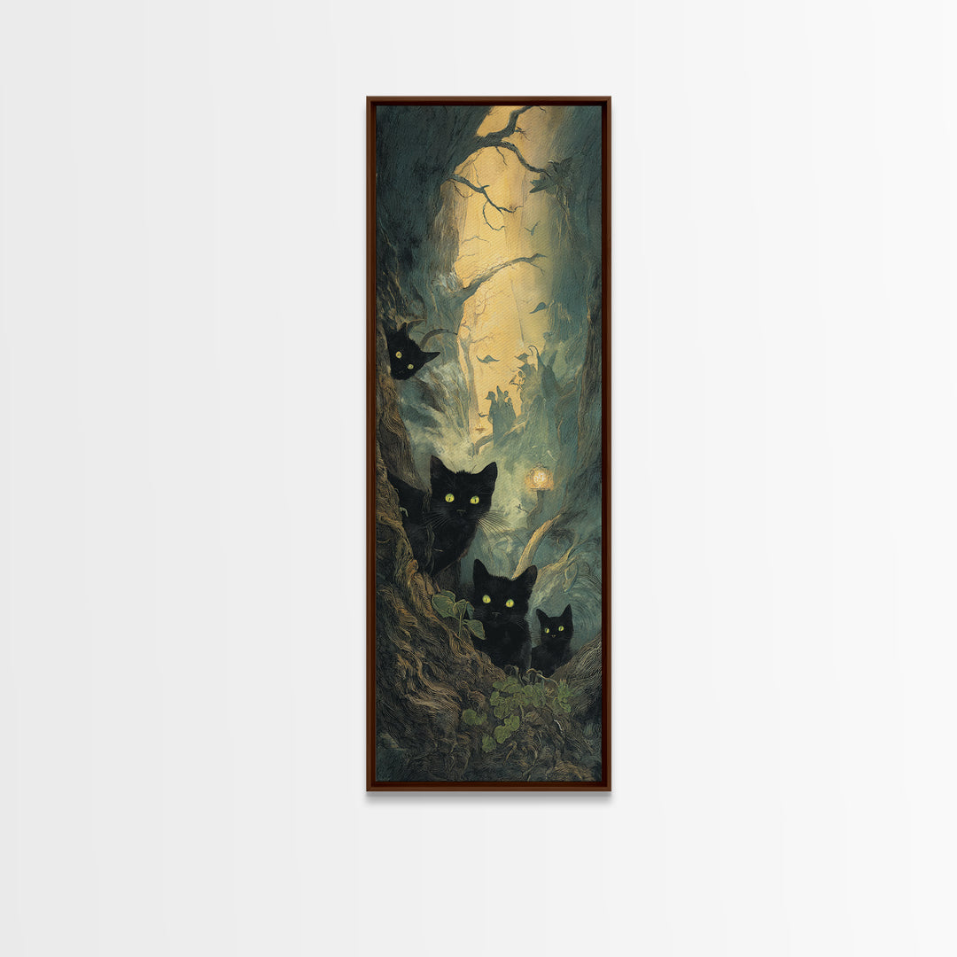 The Black Cat Gathering, Gothic Engraving Art, Tall Narrow Wall Art, Gothic Horror Wall Art, Framed Canvas Print, Halloween Wall Art