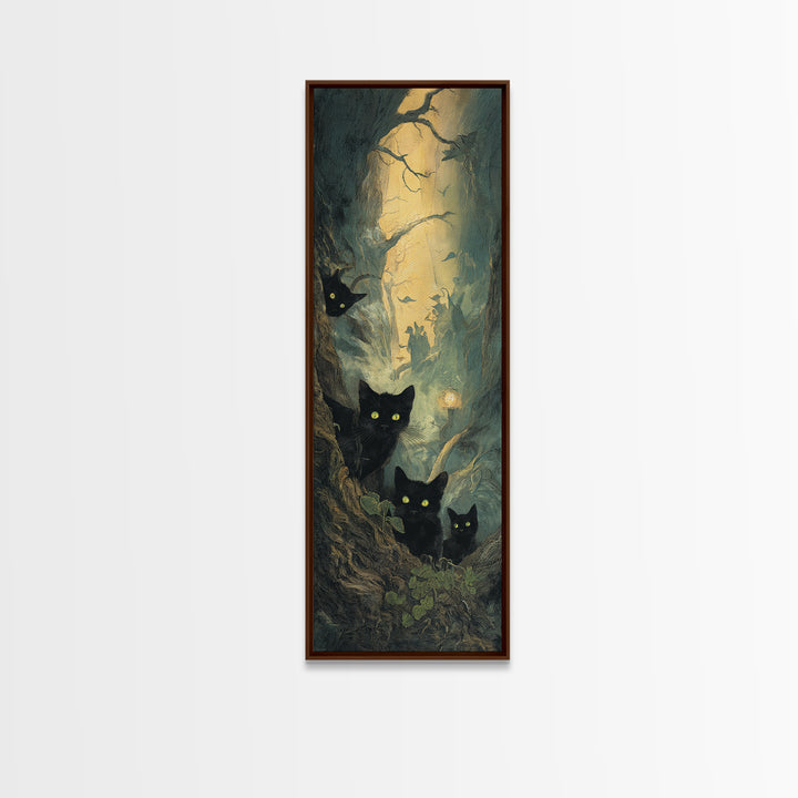 The Black Cat Gathering, Gothic Engraving Art, Tall Narrow Wall Art, Gothic Horror Wall Art, Framed Canvas Print, Halloween Wall Art