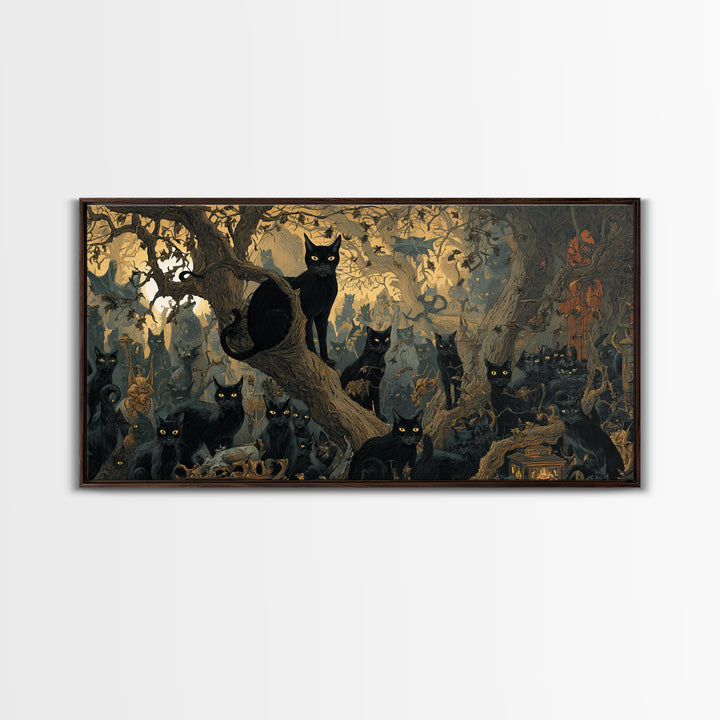 The Black Cat Gathering, Medieval Grotesque Art, Wide Panoramic Art, Dark Fantasy Wall Art, Canvas Print, Halloween Wall Art