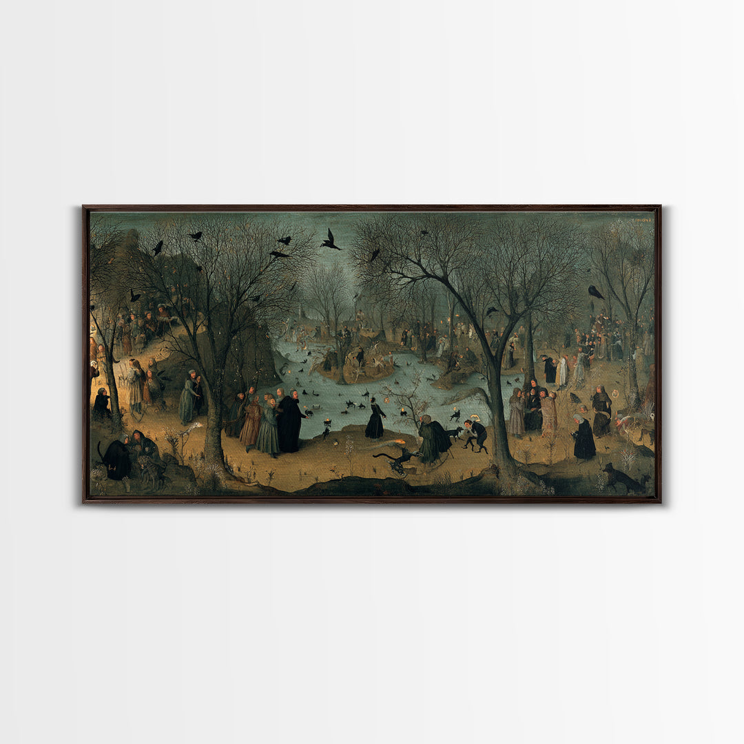 The Black Cat Gathering, Northern Renaissance Horror, Wide Panoramic Art, Gothic Horror Wall Art, Framed Canvas Print