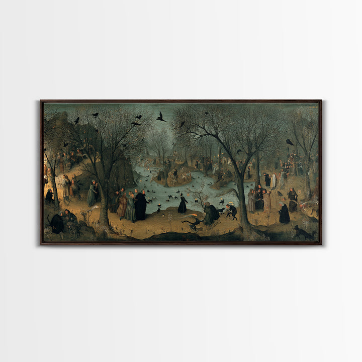 The Black Cat Gathering, Northern Renaissance Horror, Wide Panoramic Art, Gothic Horror Wall Art, Framed Canvas Print