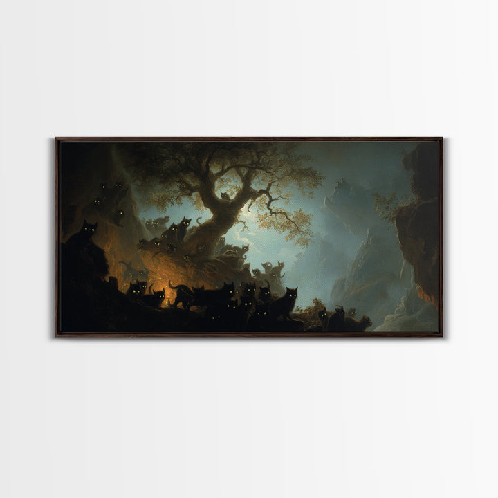 The Black Cat Gathering, Baroque Witchcraft Art, Wide Panoramic Art, Dark Fantasy Wall Art, Framed Canvas Print, Halloween Wall Art