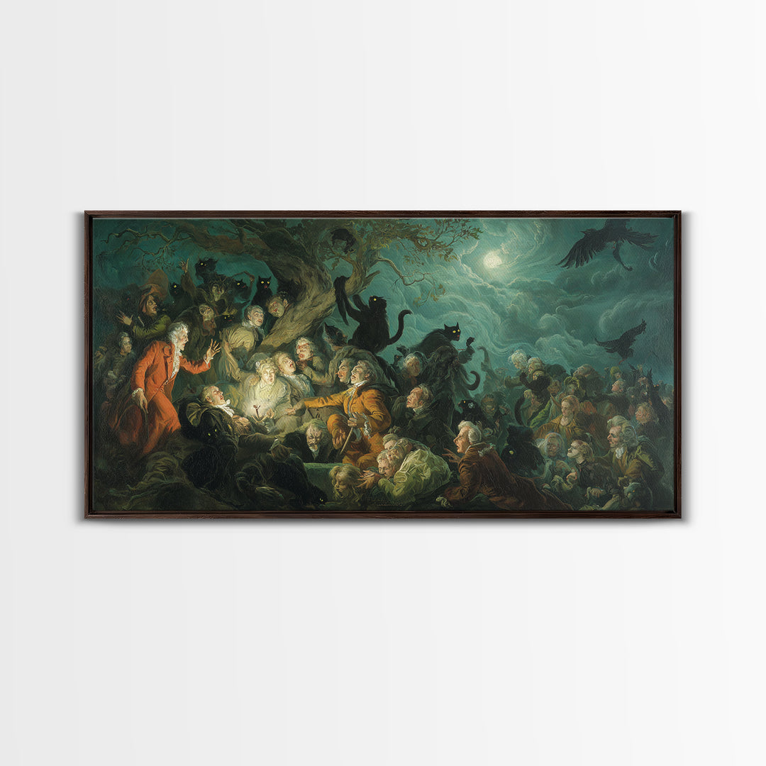 The Black Cat Gathering, Gothic Nightmare Art, Wide Panoramic Art, Macabre Wall Art, Canvas Print, Halloween Wall Art