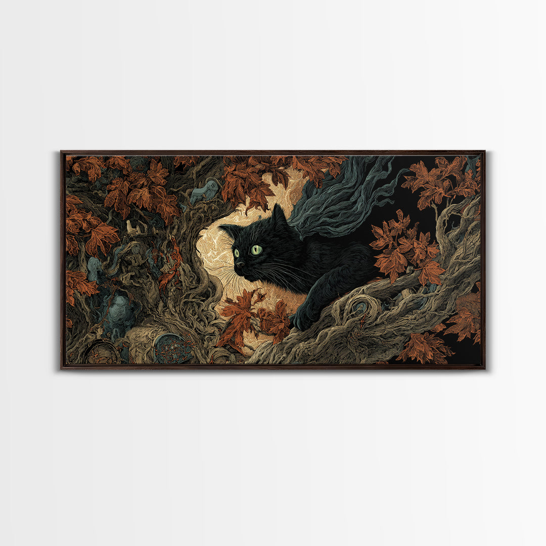 The Black Cat Gathering, Visionary Gothic Art, Wide Panoramic Art, Dark Halloween Decor, Framed Canvas Print, Halloween Wall Art