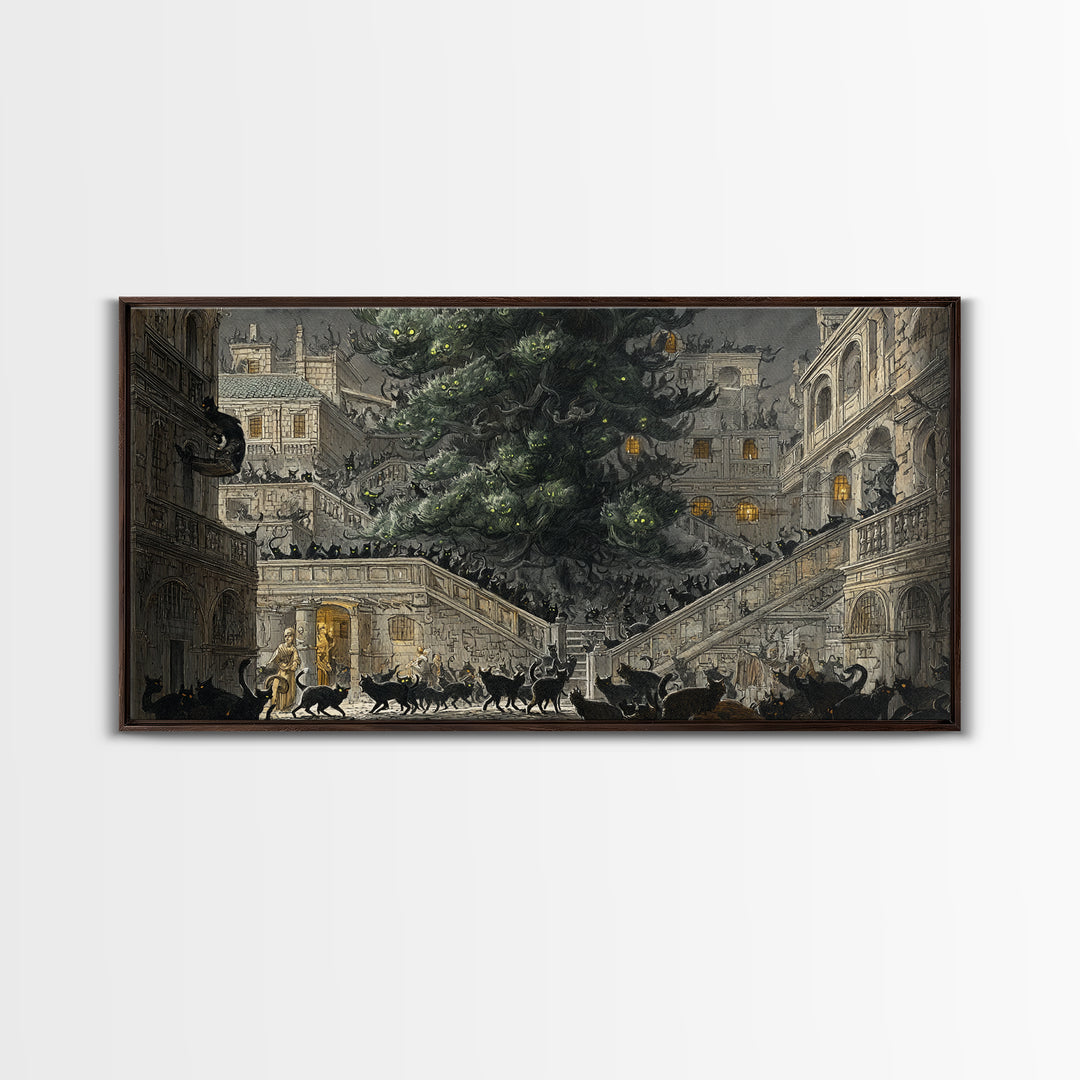 The Black Cat Gathering, Architectural Etching Art, Wide Panoramic Art, Macabre Wall Art, Canvas Print, Halloween Wall Art