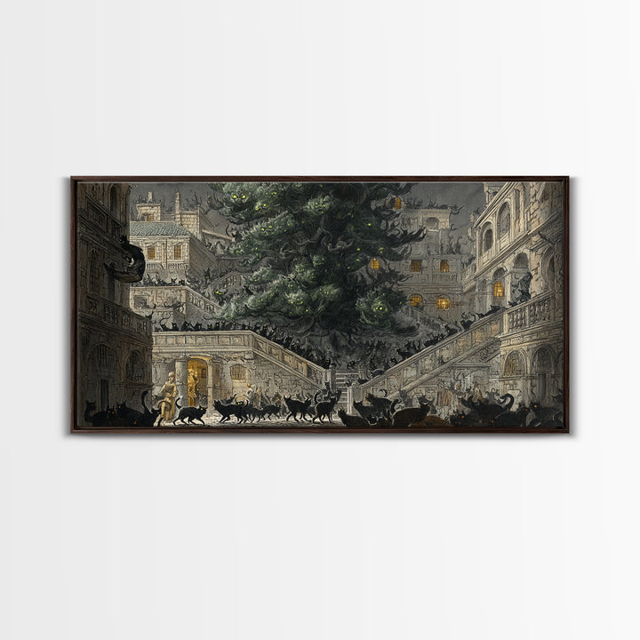 The Black Cat Gathering, Architectural Etching Art, Wide Panoramic Art, Macabre Wall Art, Canvas Print, Halloween Wall Art