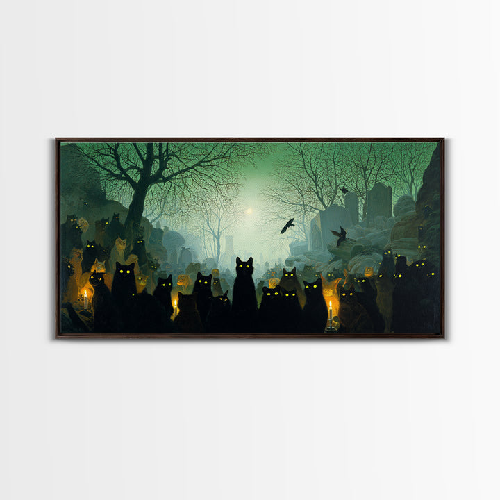 The Black Cat Gathering, Romantic Gothic Landscape, Wide Panoramic Art, Dark Fantasy Wall Art, Canvas Print, Halloween Wall Art
