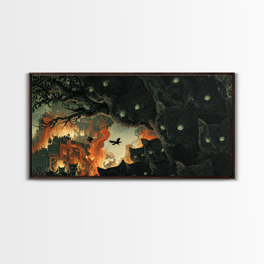 The Black Cat Gathering, Apocalyptic Romantic Art, Wide Panoramic Art, Macabre Wall Art, Framed Canvas Print, Halloween Wall Art