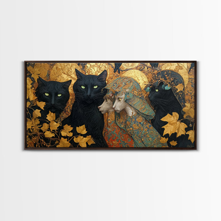The Black Cat Gathering, Ornate Symbolist Art, Wide Panoramic Art, Gothic Horror Wall Art, Canvas Print, Halloween Wall Art