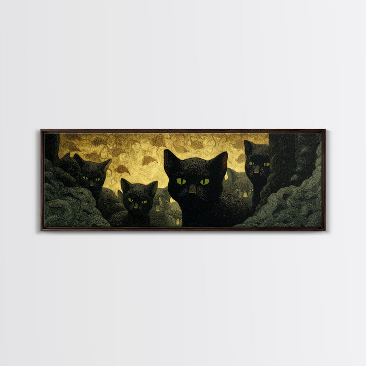 The Black Cat Gathering, Dark Symbolist Art, Extra Wide Wall Art, Dark Fantasy Wall Art, Canvas Print, Halloween Wall Art