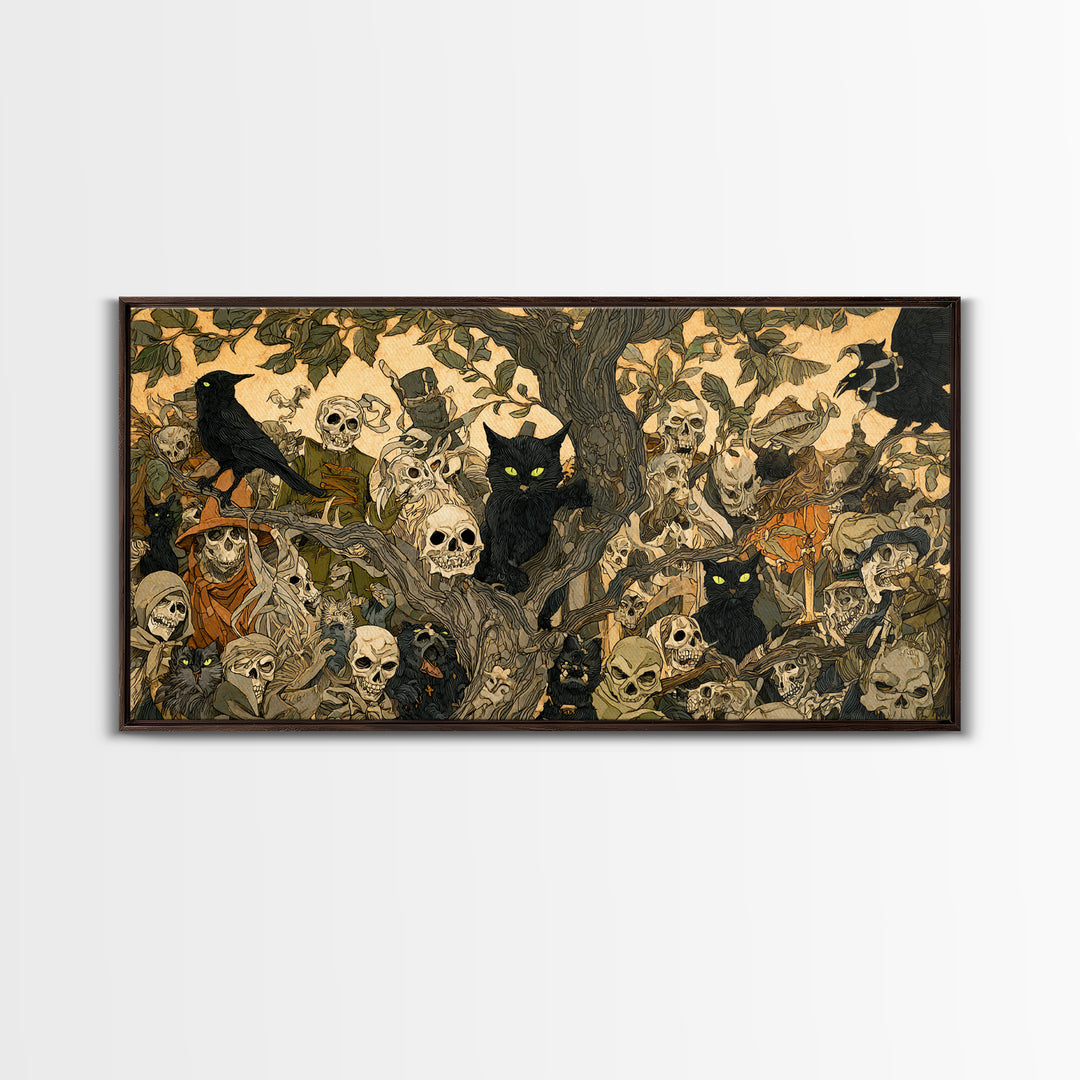 The Black Cat Gathering, Grotesque Carnival Art, Wide Panoramic Art, Dark Halloween Decor, Framed Canvas Print, Halloween Wall Art