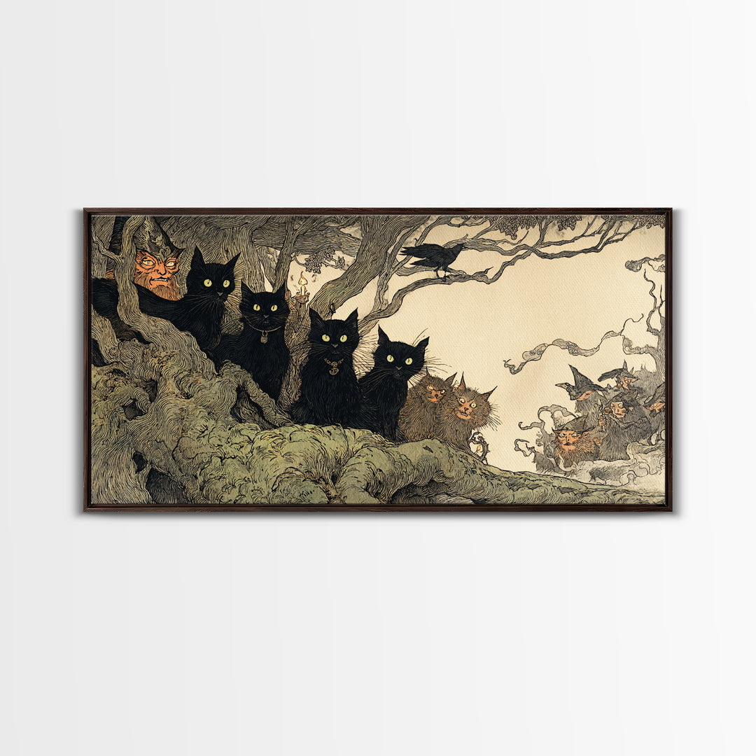 The Black Cat Gathering, Gothic Storybook Art, Wide Panoramic Art, Dark Halloween Decor, Framed Canvas Print, Halloween Wall Art