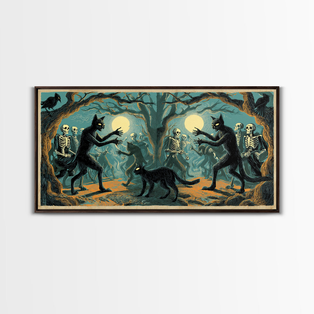 The Black Cat Gathering, Macabre Folk Print Art, Wide Panoramic Art, Macabre Wall Art, Framed Canvas Print, Halloween Wall Art