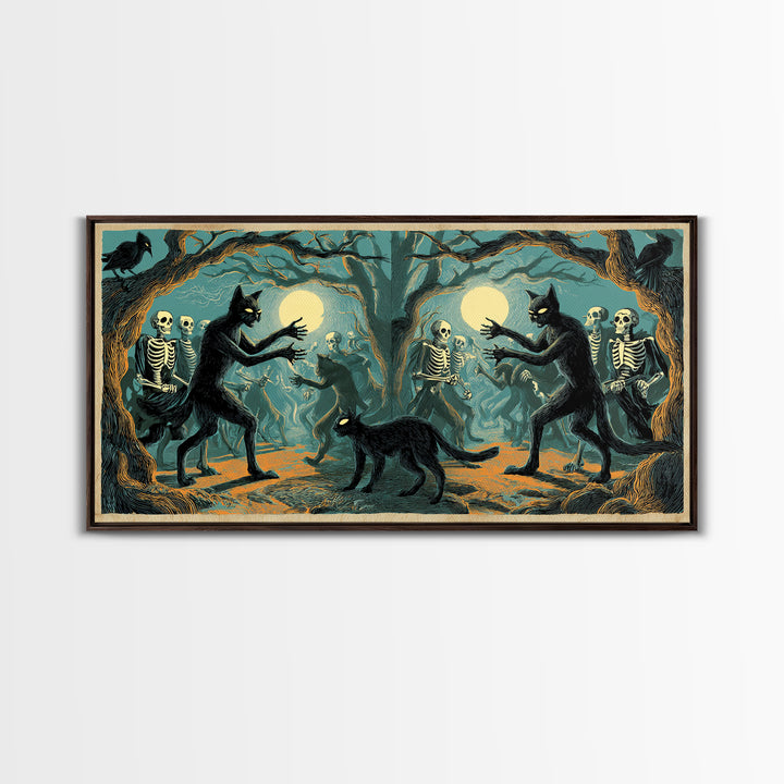 The Black Cat Gathering, Macabre Folk Print Art, Wide Panoramic Art, Macabre Wall Art, Framed Canvas Print, Halloween Wall Art