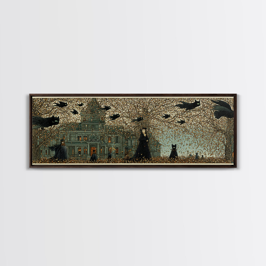 The Black Cat Gathering, Victorian Macabre Art, Extra Wide Wall Art, Dark Halloween Decor, Canvas Print, Halloween Wall Art