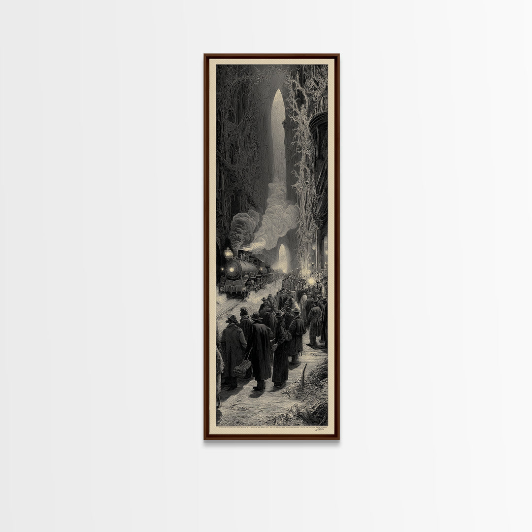 The Ghost Train Arrival, Gothic Engraving Art, Tall Narrow Wall Art, Dark Fantasy Wall Art, Canvas Print, Halloween Wall Art
