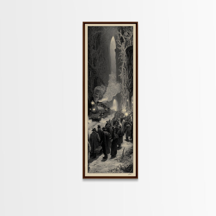 The Ghost Train Arrival, Gothic Engraving Art, Tall Narrow Wall Art, Dark Fantasy Wall Art, Canvas Print, Halloween Wall Art