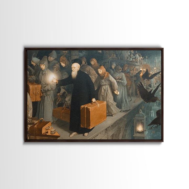 The Ghost Train Arrival, Medieval Grotesque Art, Landscape Wall Art, Dark Halloween Decor, Framed Canvas Print, Halloween Wall Art