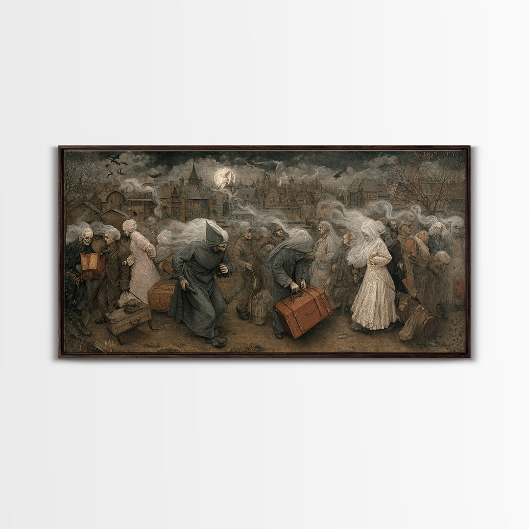 The Ghost Train Arrival, Northern Renaissance Horror, Wide Panoramic Art, Gothic Horror Wall Art, Framed Canvas Print