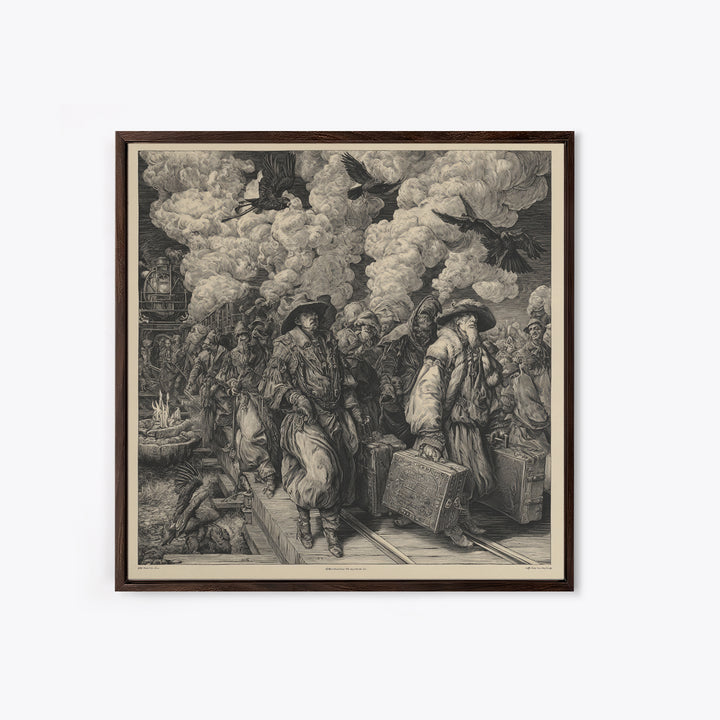 The Ghost Train Arrival, Renaissance Engraving Art, Square Wall Art, Dark Halloween Decor, Framed Canvas Print, Halloween Wall Art