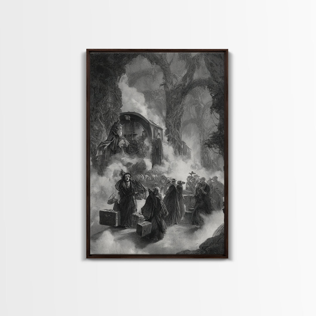 The Ghost Train Arrival, Baroque Witchcraft Art, Vertical Wall Art, Dark Halloween Decor, Canvas Print, Halloween Wall Art
