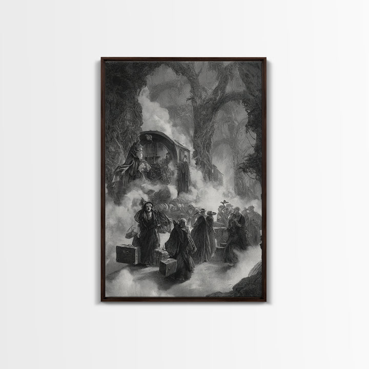 The Ghost Train Arrival, Baroque Witchcraft Art, Vertical Wall Art, Dark Halloween Decor, Canvas Print, Halloween Wall Art